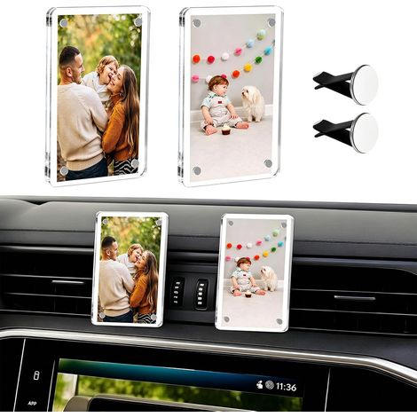 2 Pièces Cadre Photo en Acrylique de Voiture, Cadre Magnétique Transparent 6×9cm, Porte Photo Aimanté Grille d'aération Tableau de Bord, Déco Auto Famille Animaux Domestiques (1/5)