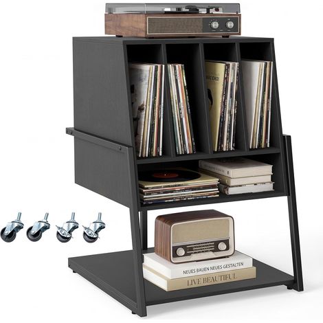 Meuble Platine Vinyle jusqu'à 180 Vinyle, 4 roulettes Inclus, Étagères, 5 Compartiments, Support Tourne Disque pour Albums, Manga, Livres, Noir (1/5)
