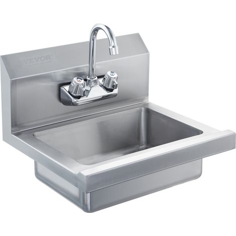 Lave-Mains avec Robinet et Dosseret Lavabo Mural ou Encastré 432 x 381 x 330 mm Évier en Acier Inoxydable sans Fuite Vasque à Encastrer pour Restaurant Salle de Bain Toilette Cuisine Bar Garage (1/5)