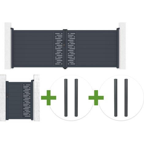 Portail battant 4m ARLBERG H.140cm gris + Portillon 1m ARLBERG H.140cm gris + 4 poteaux ELDA (1/5)