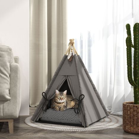 Tente Tipi pour animaux de compagnie, tente pour chats avec coussin amovible et lavable, maison pour chats avec fond antidérapant, balle de jeu, pour chats de moins de 5 kg, petits chiens, 60 x 60 x 7 (1/5)