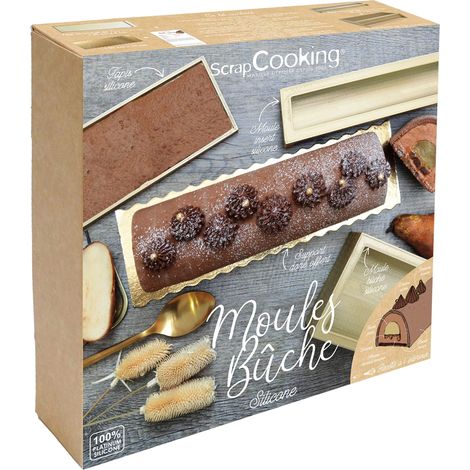 Coffret Moules Silicone Bûche de Noël Avec Insert, Tapis Génoise, Support Doré et Recette Bûche Poire Chocolat Gouttière Souple Pâtisserie Coloris Doré 1939 (1/5)