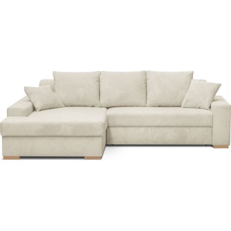 Canapé d'angle à gauche convertible 3/4 places en velours côtelé beige - Nyssa