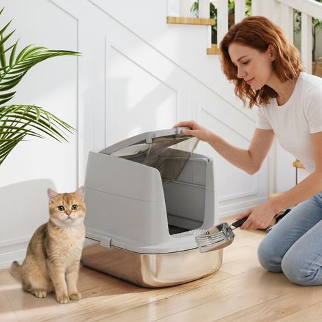 Bac à litière pour chat en acier inoxydable, bac à litière fermé avec pelle, sac anti-odeurs, entrée/sortie (1/4)