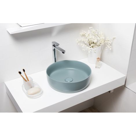 Swiss Aqua Technologies Infinitio Aufsatzwaschbecken 39 x 39 x 12 cm ohne Überlauf, mattgrün (SATINF3939LGEM) (1/5)