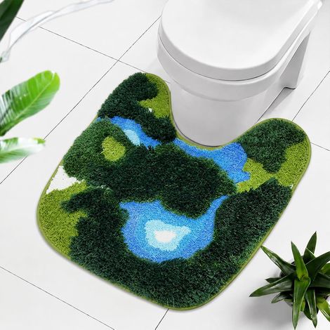 Tapis de Toilette Vert Mousse en Forme de U en Microfibre, Extra épais, Doux, Absorbant, antidérapant, Lavable, Tapis Contour pour WC et Salle de Bains 50x50cm (1/5)