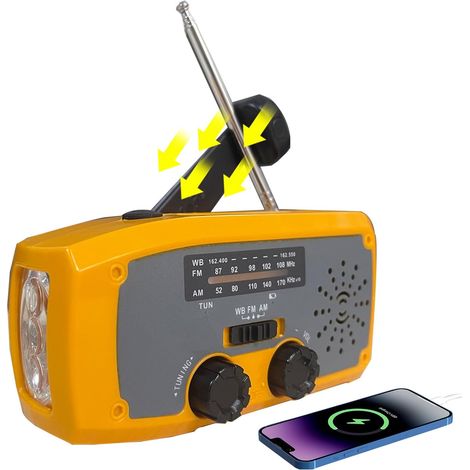 Radio météo AM/FM, batterie 5000 mAh, manivelle, lampe torche LED, alarme SOS, idéale pour le camping et les tempêtes.