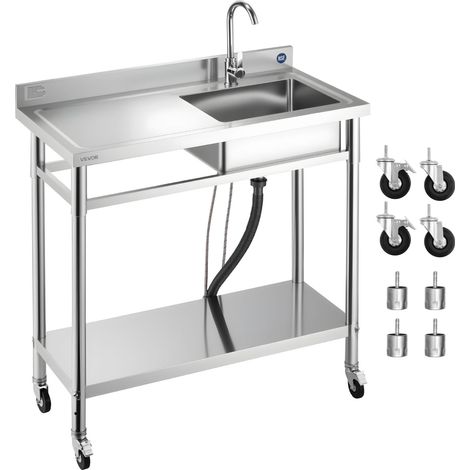 VEVOR Evier cuisine utilitaire en acier inoxydable, evier professionnel cuve unique avec roulettes, robinet et tuyau deeau chaude et froide, etabli pour garage, restaurant, buanderie 1000x500x1055 mm (1/5)