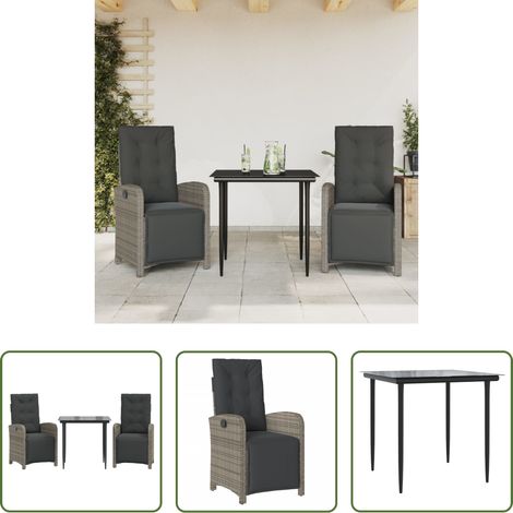 Gartenmöbel -  3-tlg. Bistro-Set mit Kissen Grau Poly Rattan (1/5)