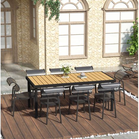Table de jardin 8 places 190 x 90 cm avec plateau imitation bois, structure en aluminium et pieds réglables, couleur bois clair, CHICFURN (1/5)