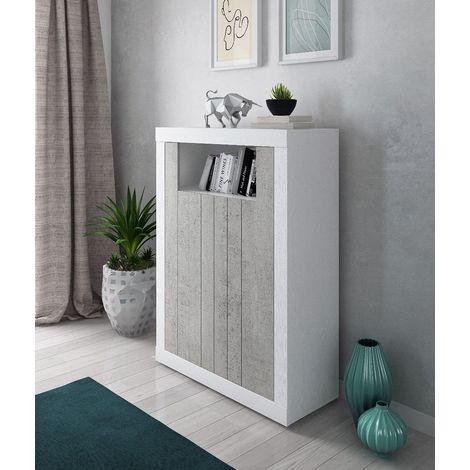 Buffet haut de design moderne avec 2 portes et étagères, Buffet de cuisine, 105x42h143 cm, Couleur Blanc et Ciment (1/5)
