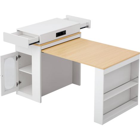 Isla de cocina extensible con ruedas, MDF blanco, encimera abatible y enchufes integrados HOMVRA (1/5)