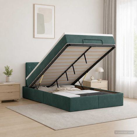 Cama tipo otomana con colchón y LED Verde oscuro 120 x 200 cm (1/5)