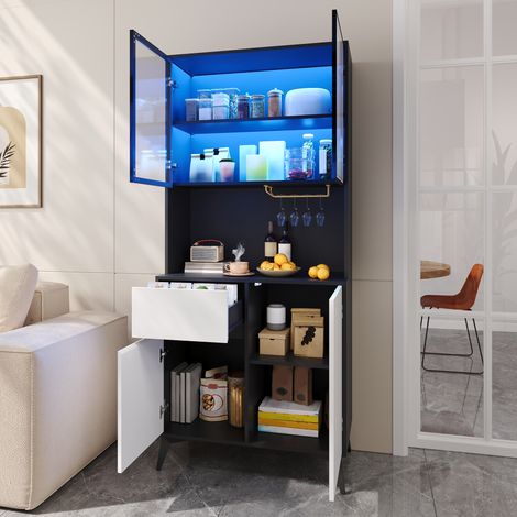 Meuble haut de rangement, vitrine et buffet pour salon ou salle à manger, finition noir et blanc, corps en MDF, portes vitrées, éclairage LED intégré, grand espace de stockage. (1/5)