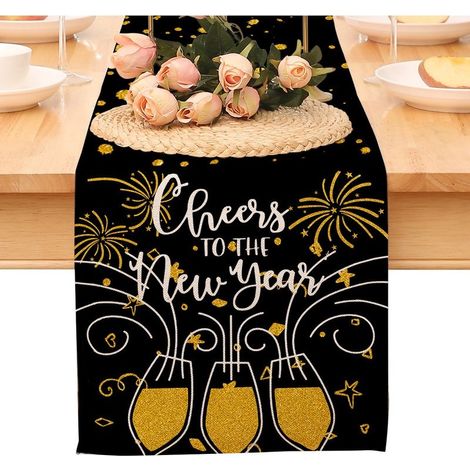 Chemin de table « Bonne année », nappe noire et or à pois et étoiles, décoration pour la maison et la cuisine, ambiance champêtre, linge de table en toile de jute pour les fêtes d'hiver 2026 (1/5)
