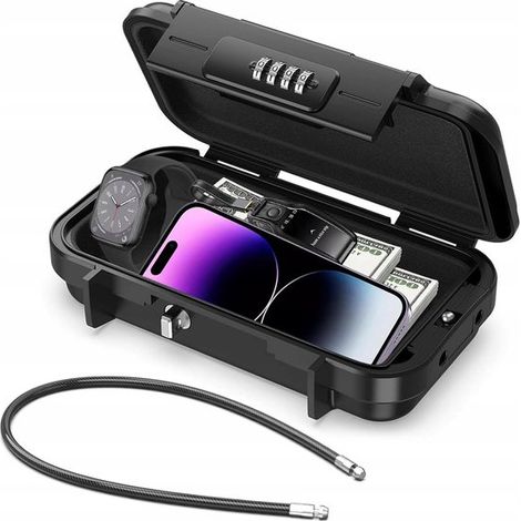 Cassaforte portatile con serratura a combinazione a 4 cifre, filo d'acciaio flessibile di 6 mm di spessore, 235 × 141 × 58 mm, per viaggi e campeggio. (1/5)