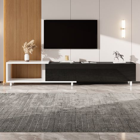 Meuble TV Extensible 179 à 258 cm Noir et Blanc, 3 Portes Laquées Brillantes High Gloss, Charnières Silencieuses et Pieds Métal, Meuble de Salon Bas Extensibles (1/5)