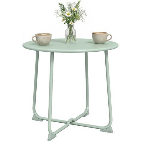 Runder Metall-Gartentisch für 2 Personen, X-förmige Struktur, 50 cm Durchmesser, 45,5 cm Höhe, dunkelgrüne Farbe, ideal für die Terrasse.
