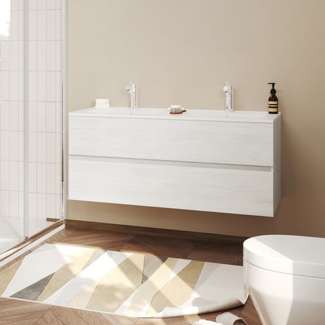Saniverre – Meuble de salle de bain suspendu double vasque 120 cm – 2 tiroirs coulissants – Chêne clair – Finition bois satiné (1/5)