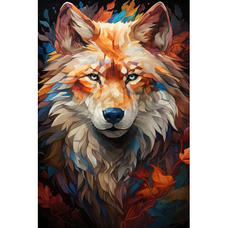 Tableau mural encadré loup mosaïque coloré 65x97 cm - Tableau Mural Décoratif - Image Encadrée Imprimée en HD - Impression 65x97 cm sur Fibres de Bois FSC - Finition Mate - Fabriqué en France (1/3)