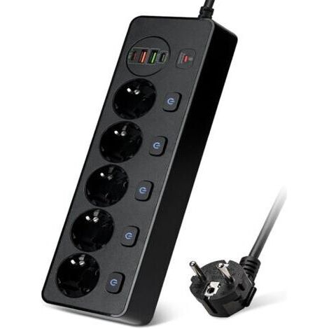 Noir Multiprise 5 prises commutables individuellement, multiprise avec 2 USB A et 2 USB C, 5 prises avec interrupteur, montage mural avec câble d'extension de 2 m