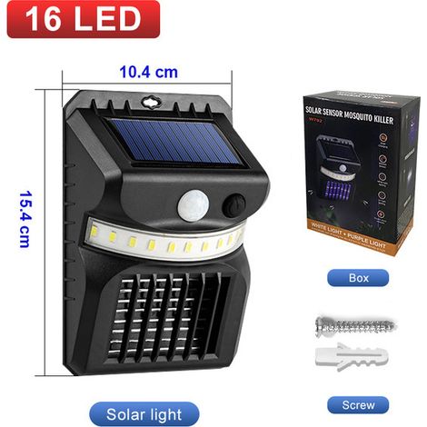 Lampe solaire à 16 LED : 2-en-1 — Détecteur de mouvement et anti-moustiques — Éclairage de cour étanche et piège à insectes (1/3)