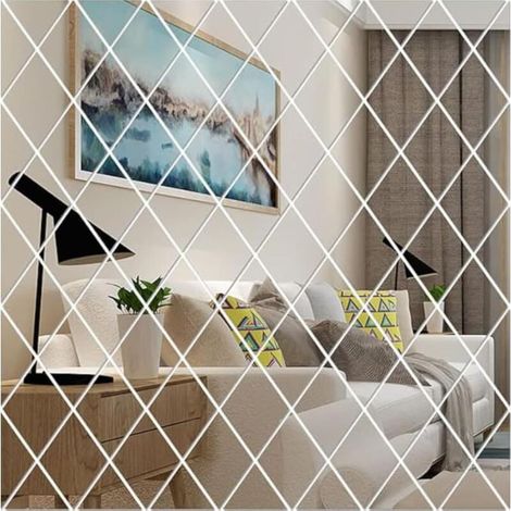 Lot de 17 autocollants miroir en forme de diamant pour salle de bain, salon et chambre, 50 x 50 cm (argent)