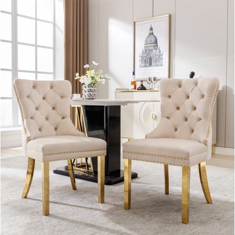 Lote de 2 sillas de comedor de terciopelo con tachuelas, patas de acero inoxidable chapado en oro, beige y oro (1/5)