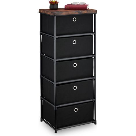 Relaxdays Cassettiera in Stile Industriale, Comò con 5 Cassetti e Ripiano Tessuto, Metallo, 105x43x33 cm, Nero Marrone