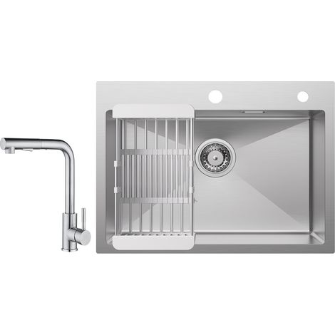 Cecipa Évier de Cuisine 1 Bac 60×45×18CM Évier Cuisine Acier Inoxydable 304 Brossé avec Panier de Drainage + Mitigeur Cuisine avec Douchette Extractible - 2 Jets aux Choix - Brossé (1/5)