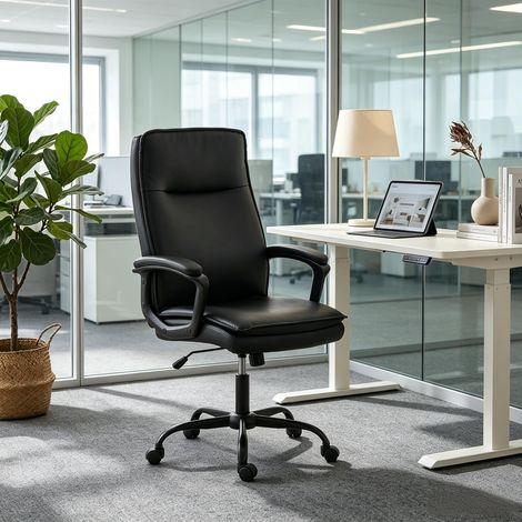 Bürostuhl mit Höhenverstellung und 15 Grad Wippfunktion, Gebogener Rückenlehne, PU-Bezug Schwarz (1/5)