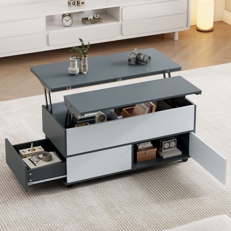 Couchtisch 100x98x65 cm grau-weiß aus Spanplatte mit höhenverstellbarer Tischplatte, Stauraum, Schublade und Rollen (1/5)