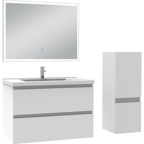 Ensemble meuble de salle de bain 80cm, vasque céramique + colonne bas + miroir lumineux, blanc