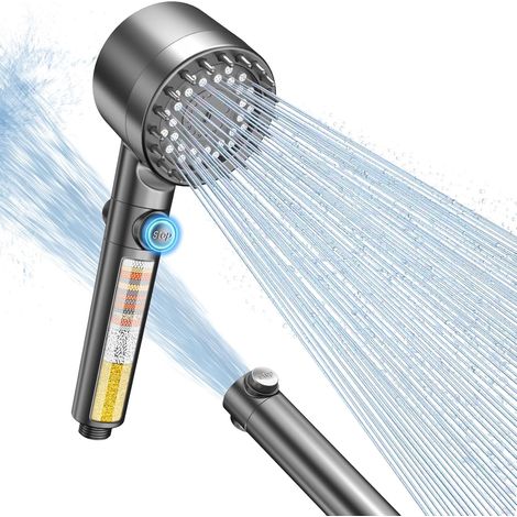 Anti-Limescale Shower Head with 15-Layer Filter, 3+1 Jet Types High Pressure Shower Head, Shower Head with Water Stopper, Water Saving (Grey) (1/5)