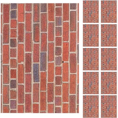 Accessoires pour maison de poupée (12 feuilles) : Papier peint miniature autocollant 1:12, 29 x 21 cm, motif brique rouge, amovible. (1/5)