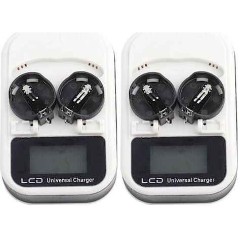 Zweifach-Ladegerät mit LCD-Display für wiederaufladbare Lithium-Zellen LIR2016, LIR2025 und LIR2032 – EU-Stecker, universelle Eingangsspannung 100–240 V