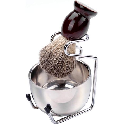 Ensemble de 3 brosses à barbe en mousse, ensemble cadeau de blaireau et de porte-savon de rasage, rasage avec acier inoxydable (1/4)
