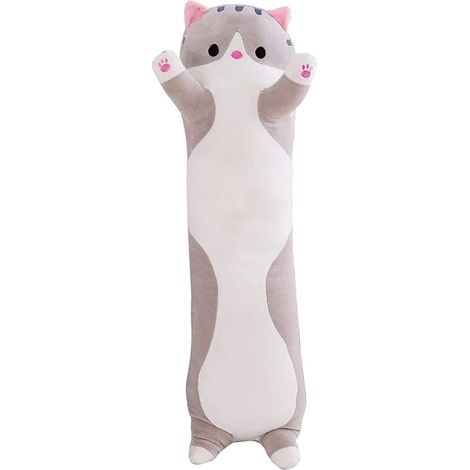 Coussin Peluche Chat Doux Long Oreiller Animal Empaillé Gris pour Enfants Fille Amie, Poupée Chaton Câline Décorative (1/5)