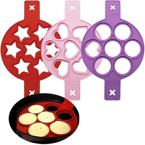 Moule à omelette en silicone, 3 pièces, pour pancakes en forme de cœur, ronds et en étoile (1/5)