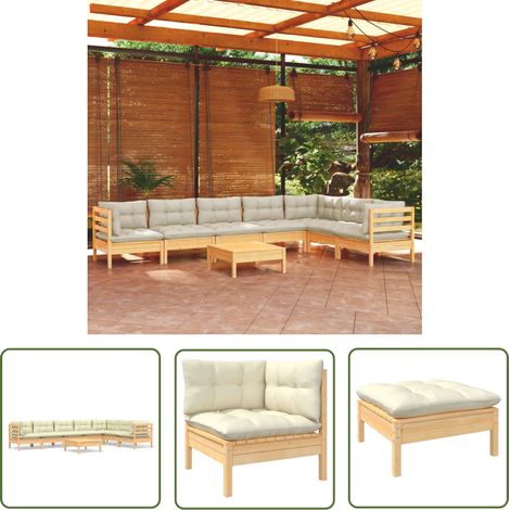 The Living Store 8-tlg. Garten-Lounge-Set mit Creme Kissen Massivholz Kiefer - Garten Lounge Set - Kiefernholzmöbel - Outdoor Möbel - Gartentisch - Gartenstuhl (1/5)