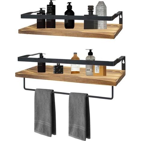 Lot de 2 étagères murales flottantes en bois massif, avec porte-serviettes métallique, rebord intégré – pour salle de bain, cuisine et salon (1/4)