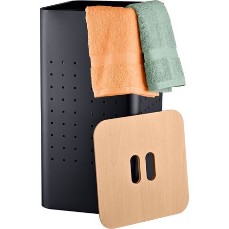 Relaxdays, cesto ropa con tapa, metal, 55 l, (Al x An x Fon) 56 x 31,5 x 31,5 cm, con orificios, negro/efecto madera (1/5)
