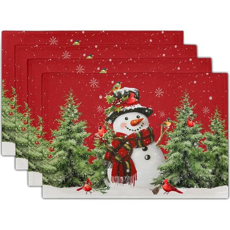 Lot de 4 sets de table de Noël, 30 x 45 cm, motifs sapin et bonhomme de neige, antidérapants et lavables, parfaits pour la table de cuisine et la décoration de Noël en famille. (1/5)
