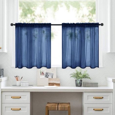 Due pezzi di tessuto per tende corte Trinitron con supporto per asta e cuciture, semi-oscuranti per cucina e bagno - 76 cm x 92 cm - Blu navy (1/3)