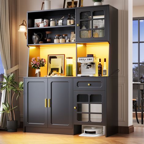 MEUBLIV Buffet haut 130x45x180 cm noir – LED, portes vitrées, rangements multiples (1/5)