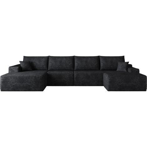 Sofá modular de esquina con chaise longue en L 340x175x83 cm pana acanalada negra HOMVRA (1/5)