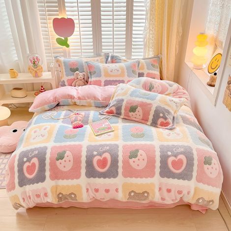 Parure de lit à Carreaux avec Housse de Couette à Motif Floral et Lapin de Dessin animé Kawaii pour Enfants – Housse de Couette Douce pour Enfants (Jolie Grille, Grand lit) (1/5)