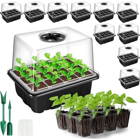 Kit de démarrage de 10 plateaux de semences, 120 cellules, plateau de démarrage réutilisable pour serre, avec couvercle haut et base profonde, kit de culture pour plantes de jardin pour herbes (1/5)