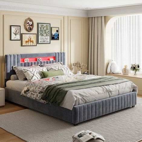 Letto contenitore 140x200 cm in velluto grigio con LED integrati e vano di stoccaggio idraulico - struttura matrimoniale + rete
