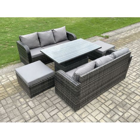 Fimous Outdoor Rattan Garden Furniture Sets Height Adjustable Rising lifting Dining Table Sofa Set with 2 Big Footstool 8 Seater Dark Grey Mixed (1/5)